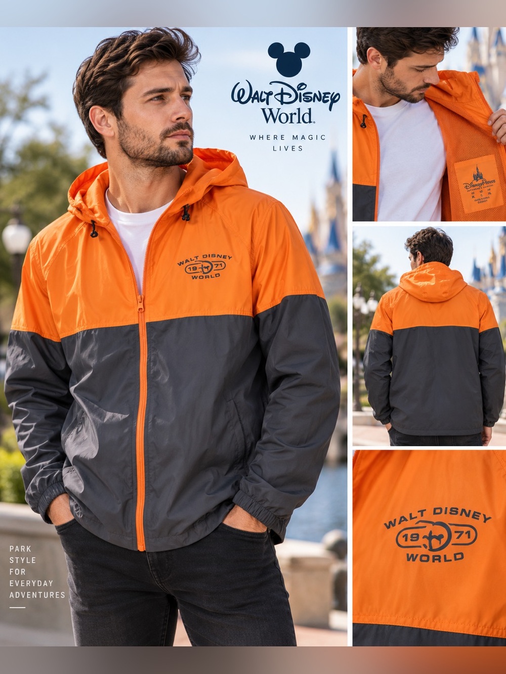 Disney Two-Tone Orange and Gray Men's Windbreaker Jacket Sz Large like new